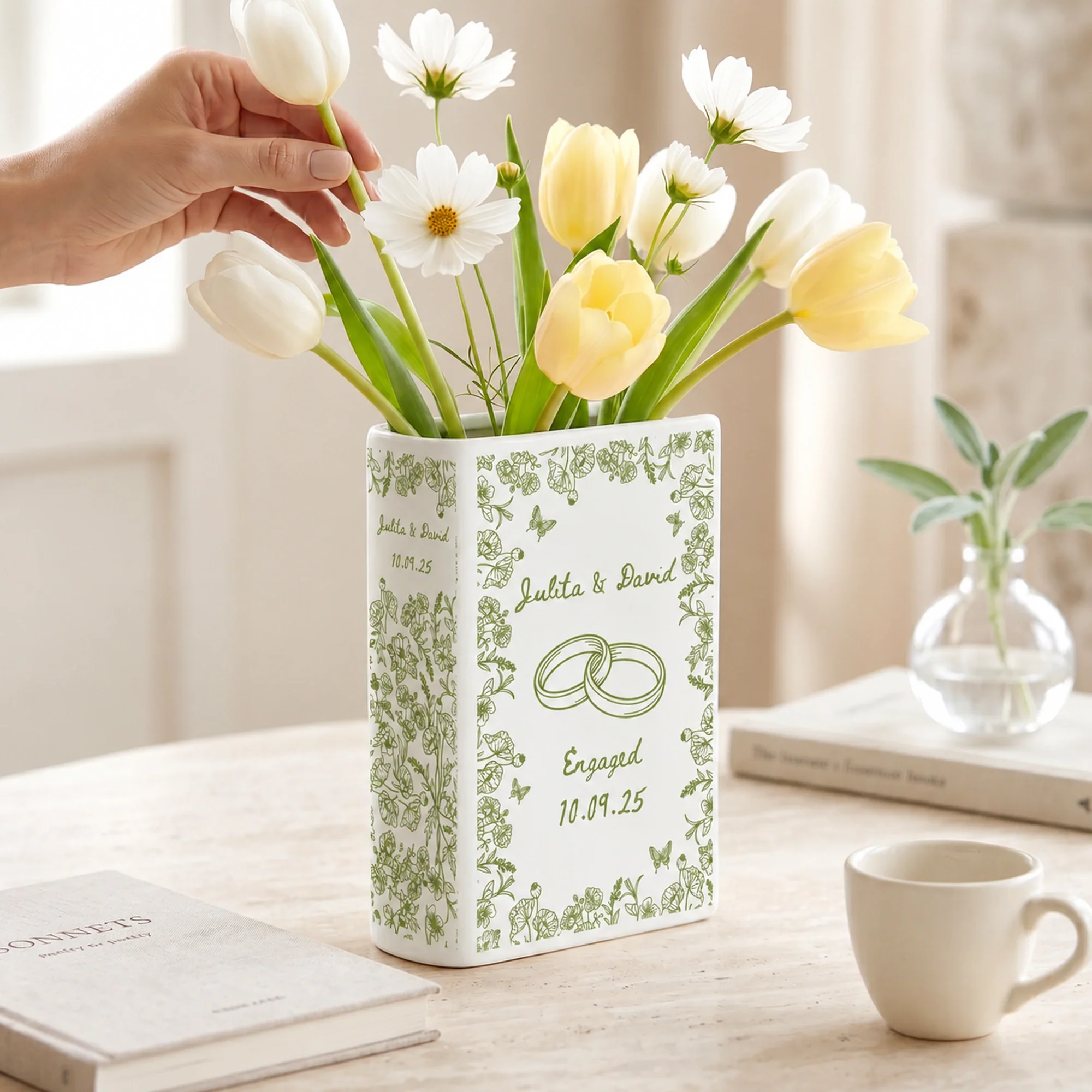 Personalized Ceramic Book Vase with Names & Date, Romantic Engagement Gift for Couples, Custom Love Keepsake - Image 5