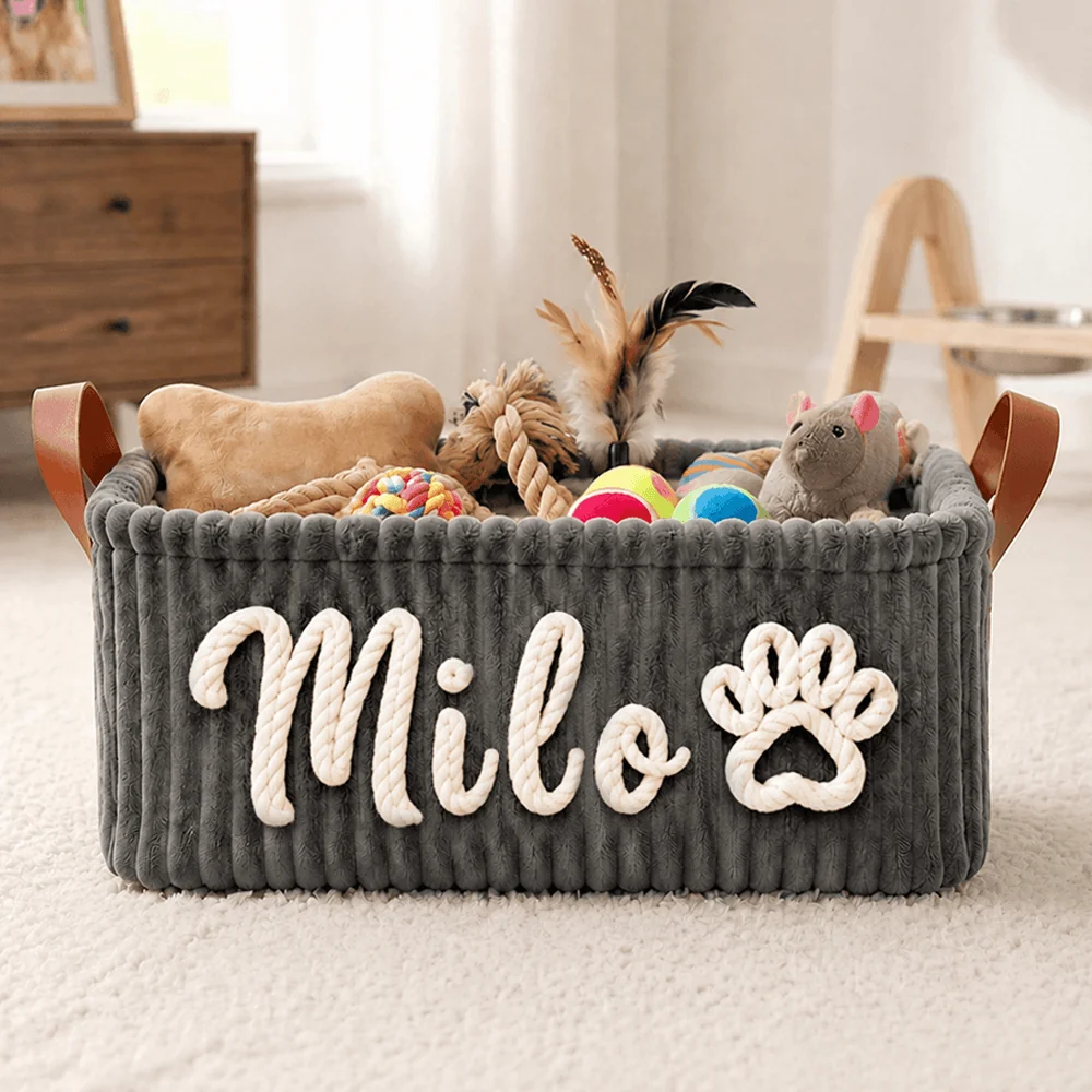 Crochet Corduroy Rope Basket, Custom Embroidered Effect Dog Toy Storage for Cozy Room, Unique Gift for Dog Mom