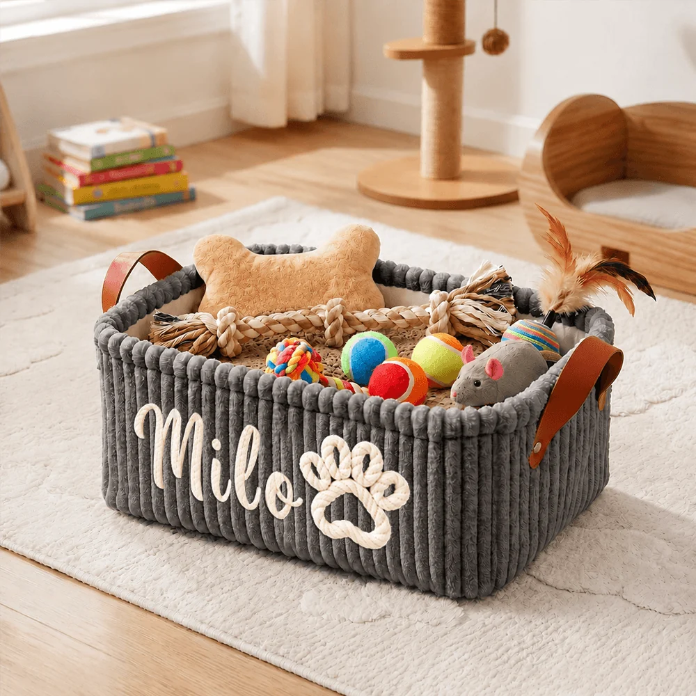 Crochet Corduroy Rope Basket, Custom Embroidered Effect Dog Toy Storage for Cozy Room, Unique Gift for Dog Mom - Image 2