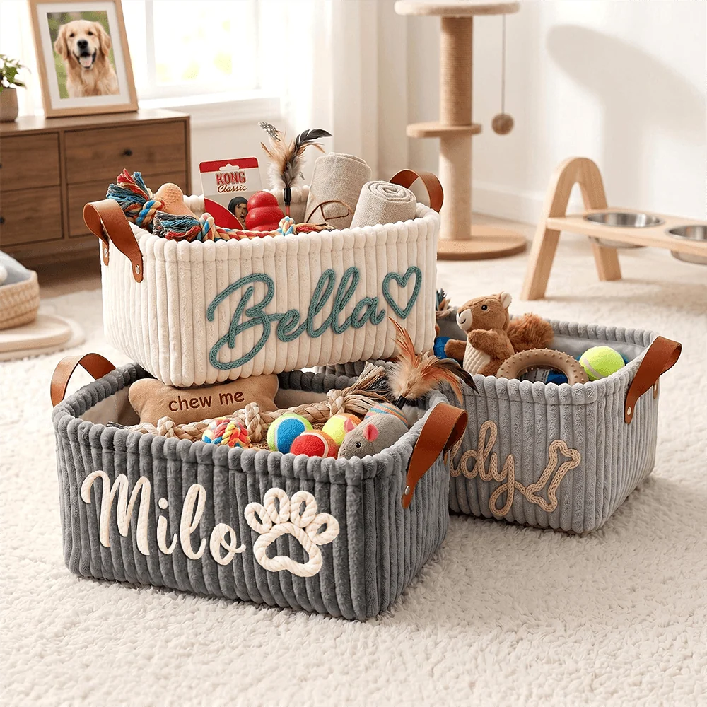 Crochet Corduroy Rope Basket, Custom Embroidered Effect Dog Toy Storage for Cozy Room, Unique Gift for Dog Mom - Image 3