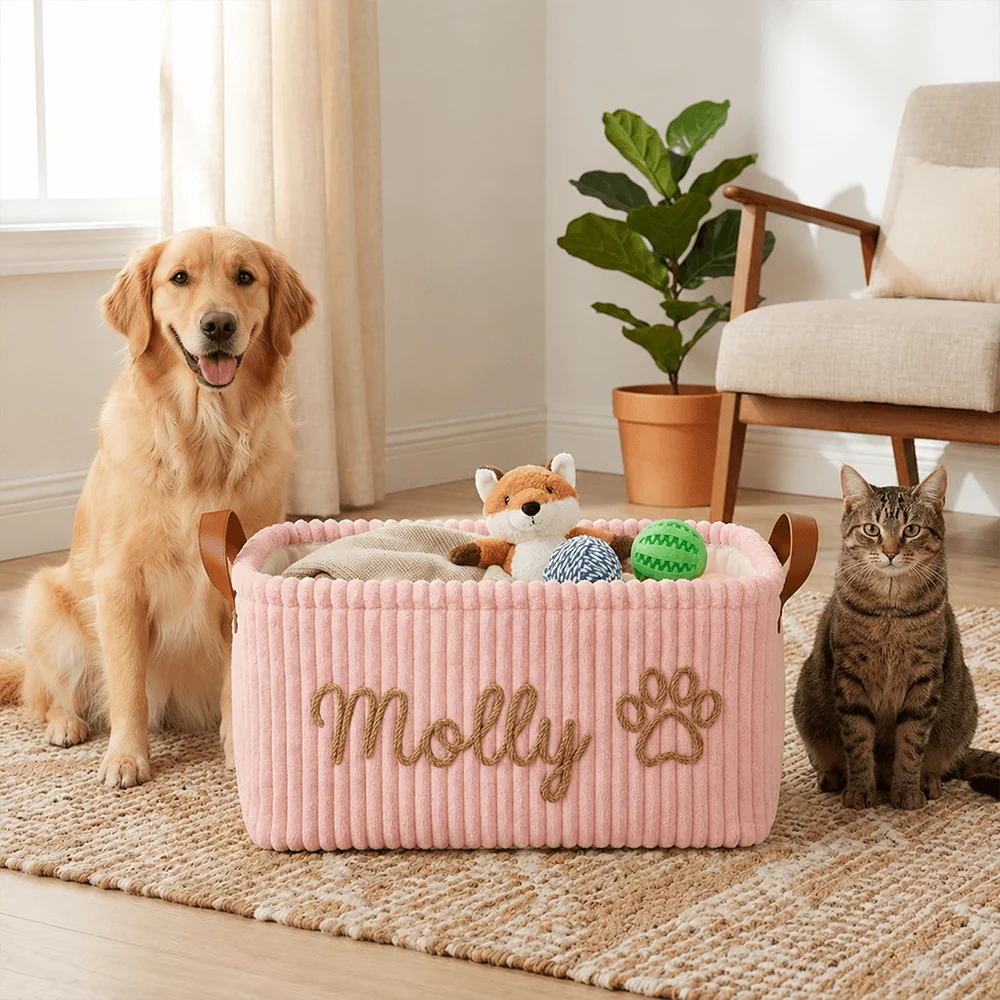 Crochet Corduroy Rope Basket, Custom Embroidered Effect Dog Toy Storage for Cozy Room, Unique Gift for Dog Mom - Image 5