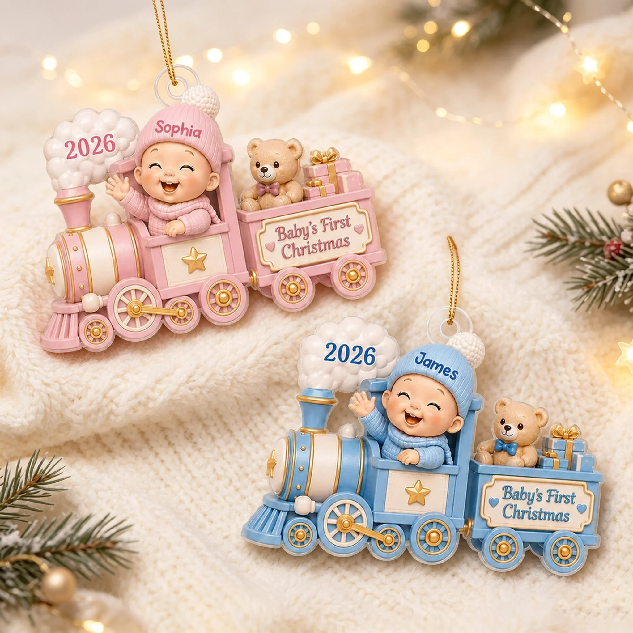 Personalized Acrylic Ornament, Waving Baby Toy Train First Christmas, Unique Gift for New Parents