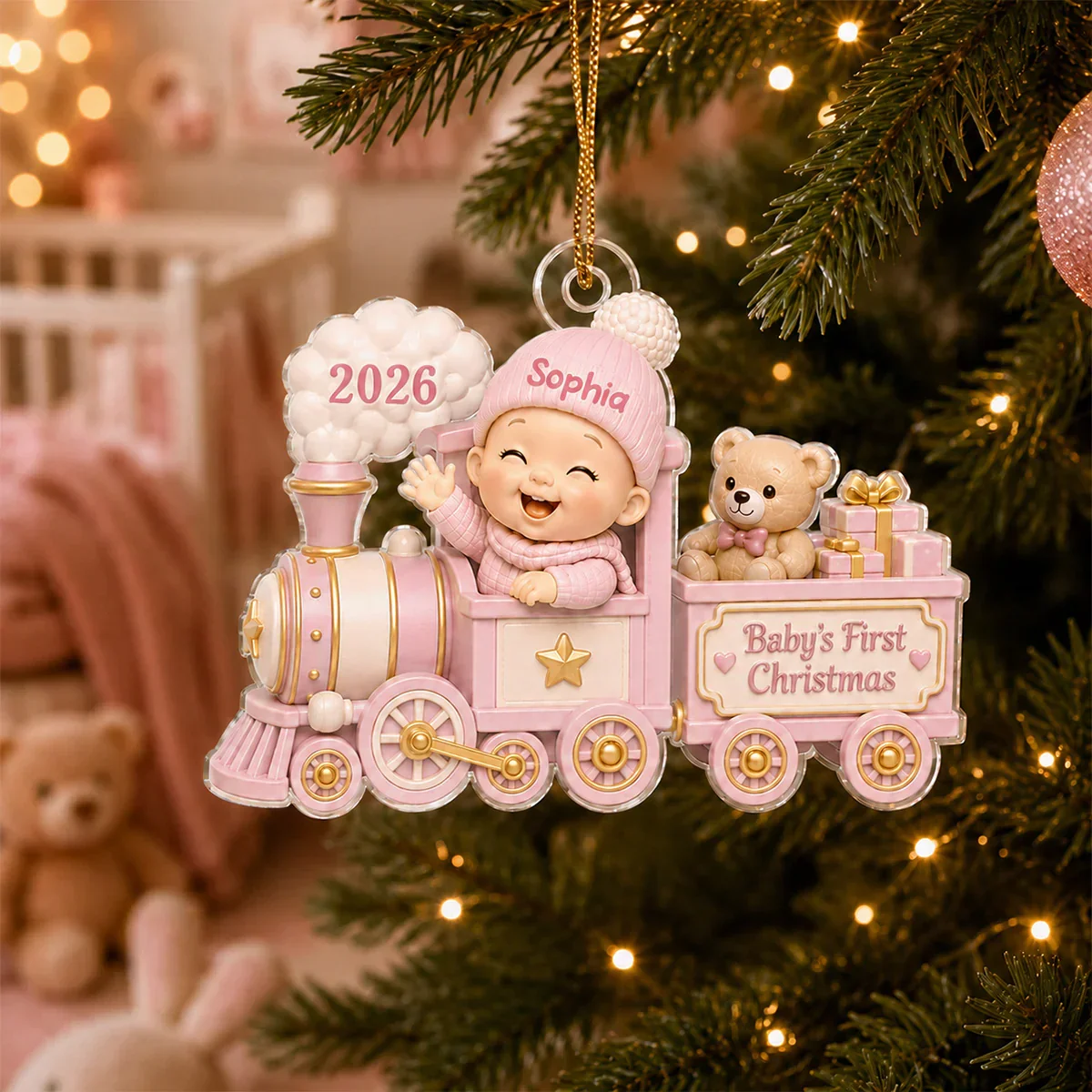 Personalized Acrylic Ornament, Waving Baby Toy Train First Christmas, Unique Gift for New Parents - Image 2