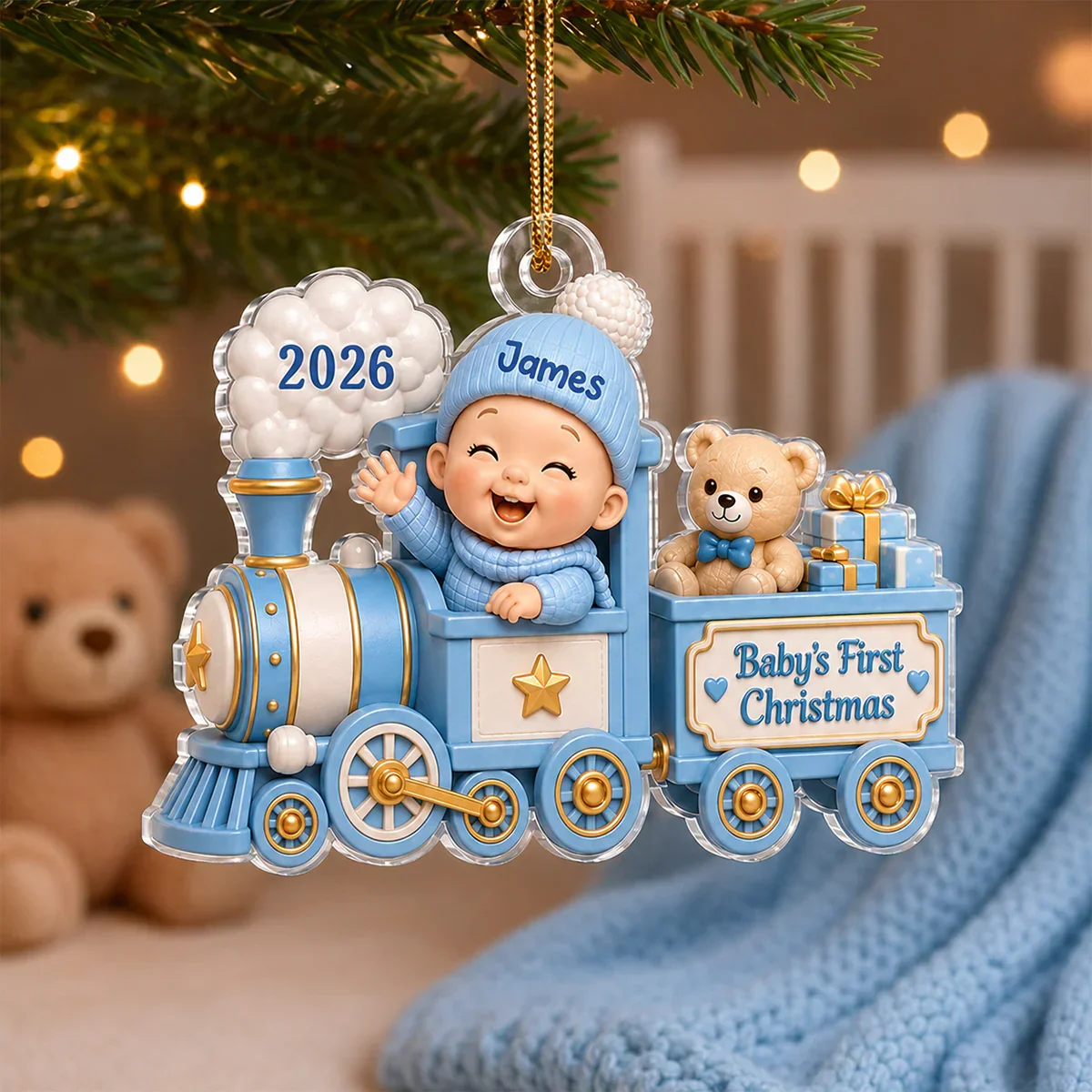 Personalized Acrylic Ornament, Waving Baby Toy Train First Christmas, Unique Gift for New Parents - Image 3