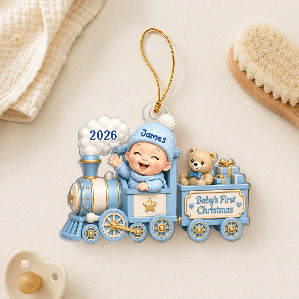 Personalized Acrylic Ornament, Waving Baby Toy Train First Christmas, Unique Gift for New Parents - Image 5