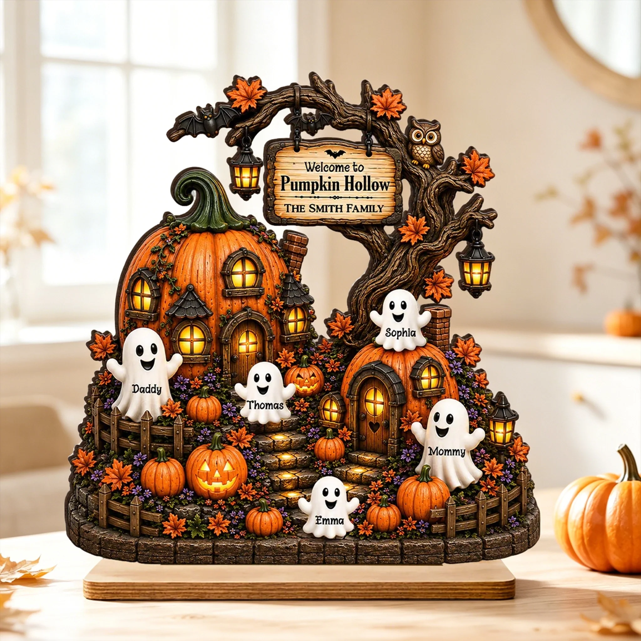 Personalized 2-Layer Wooden Plaque, Pumpkin Hollow Scene, Unique Halloween Gift for Family Decor