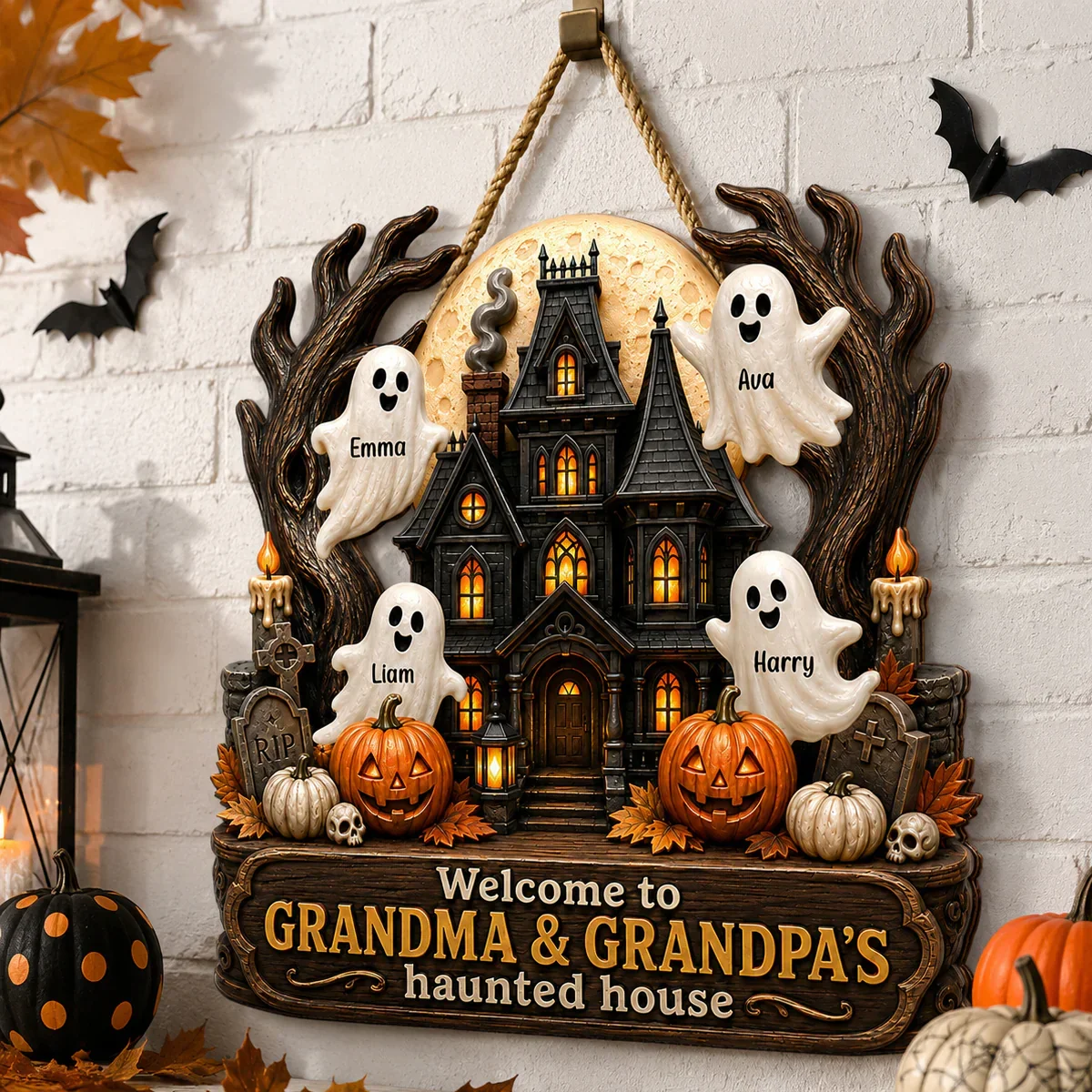 Personalized Wooden Sign with Haunted House Ghosts & Pumpkins, Halloween Door Decor, Unique Gift for Grandparents - Image 2