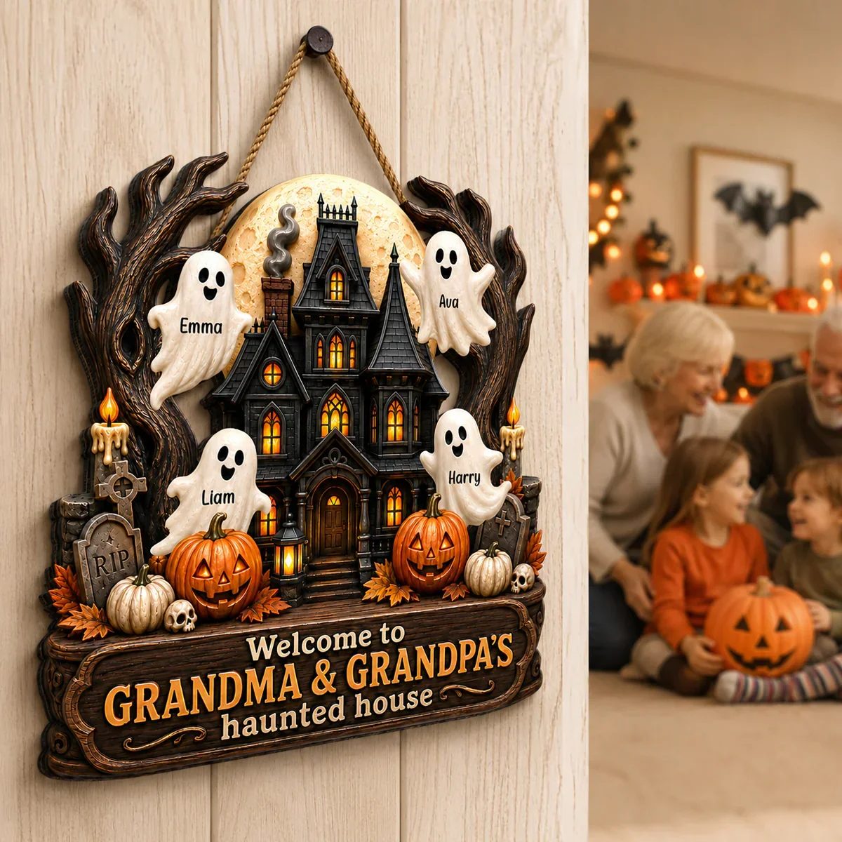 Personalized Wooden Sign with Haunted House Ghosts & Pumpkins, Halloween Door Decor, Unique Gift for Grandparents - Image 5