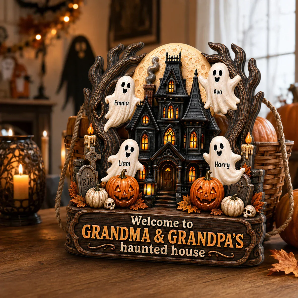 Personalized Wooden Sign with Haunted House Ghosts & Pumpkins, Halloween Door Decor, Unique Gift for Grandparents - Image 6