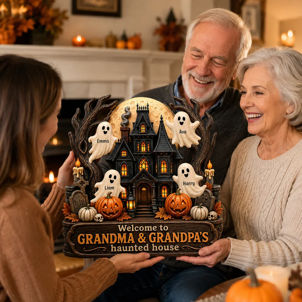 Personalized Wooden Sign with Haunted House Ghosts & Pumpkins, Halloween Door Decor, Unique Gift for Grandparents - Image 7
