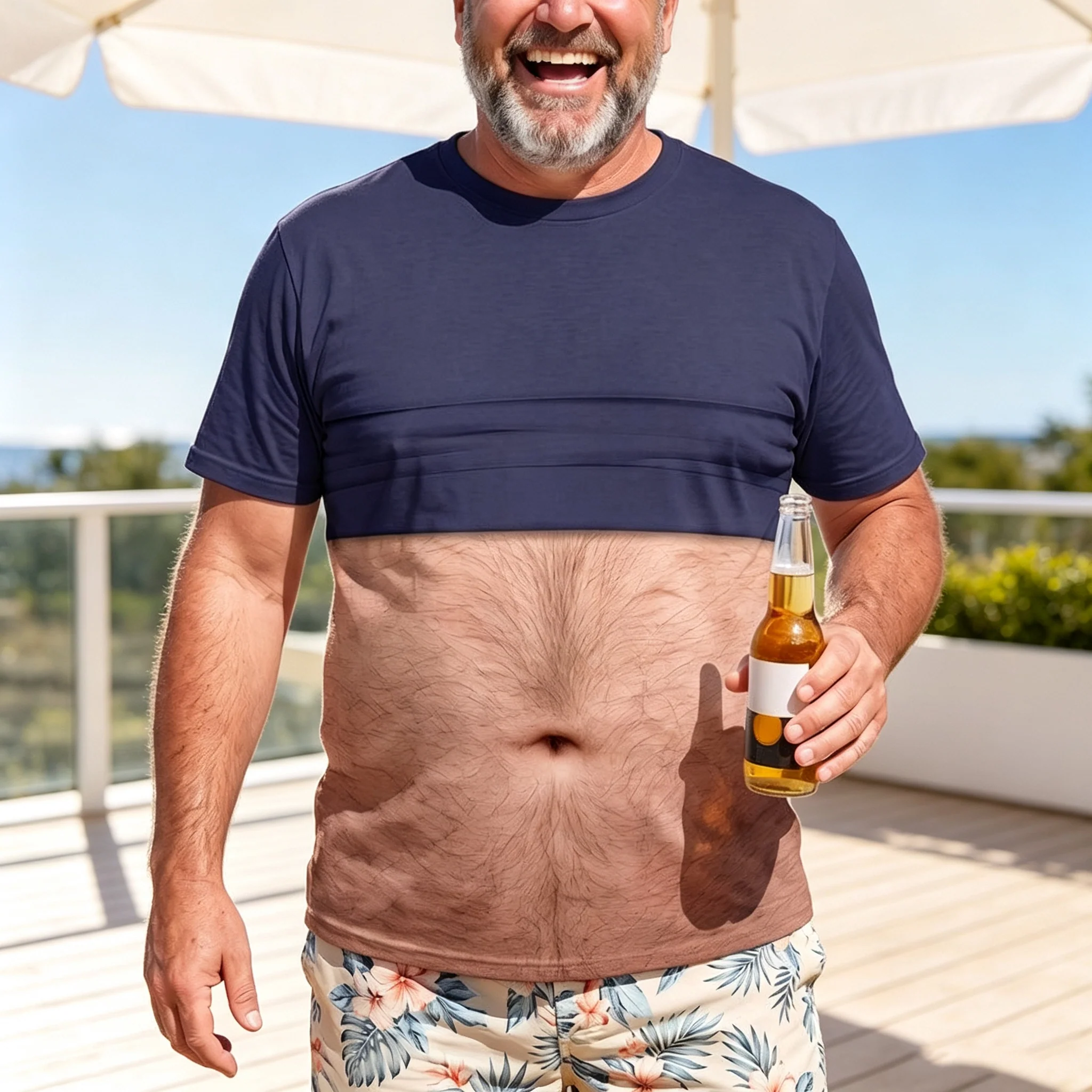 Custom Printed Classic Tee With Fake Belly Design, Beach Beer Humor Gift For Dad Or Him