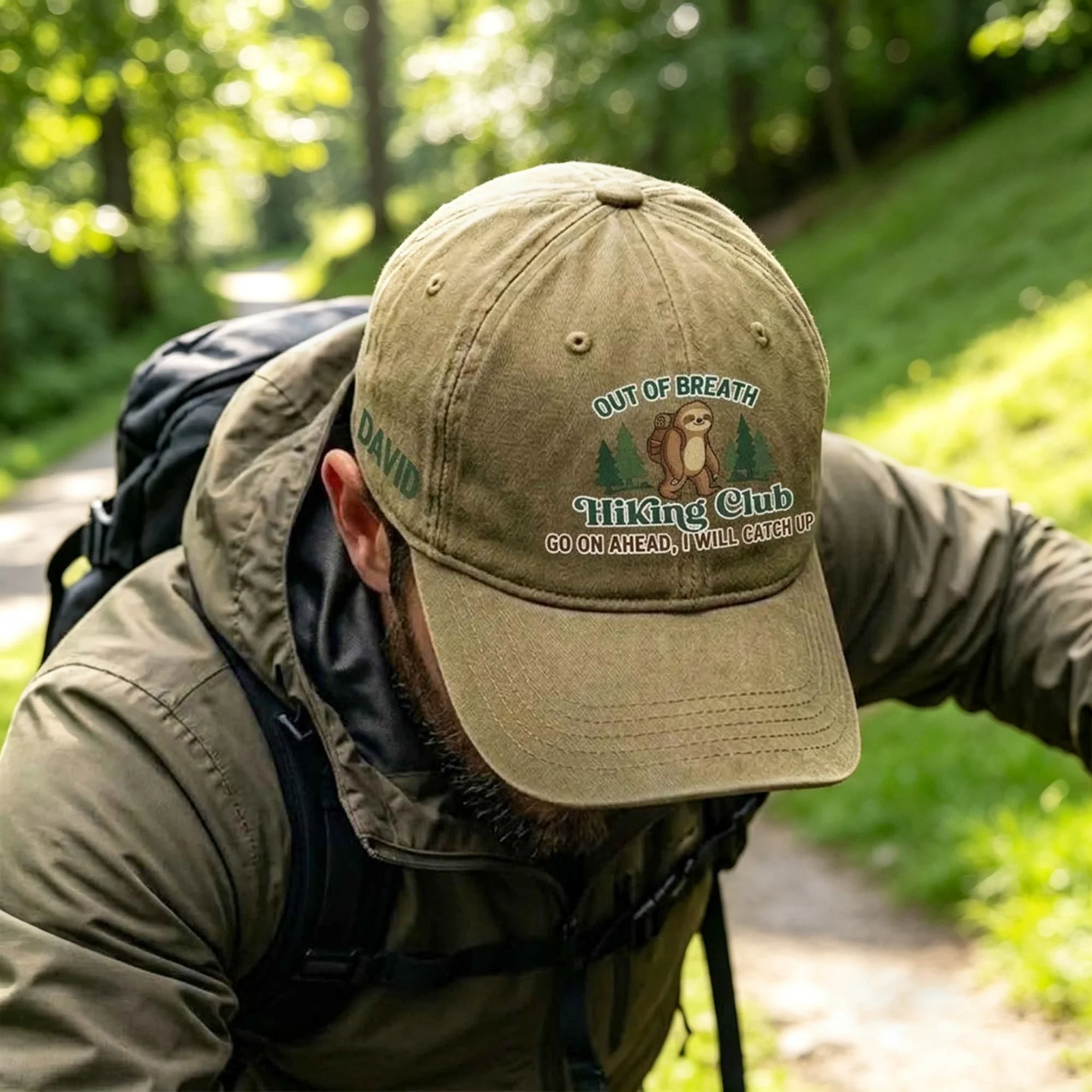 Personalized Washed Denim Baseball Cap, Out Of Breath Hiking Club Sloth, Unique Gift for Hikers