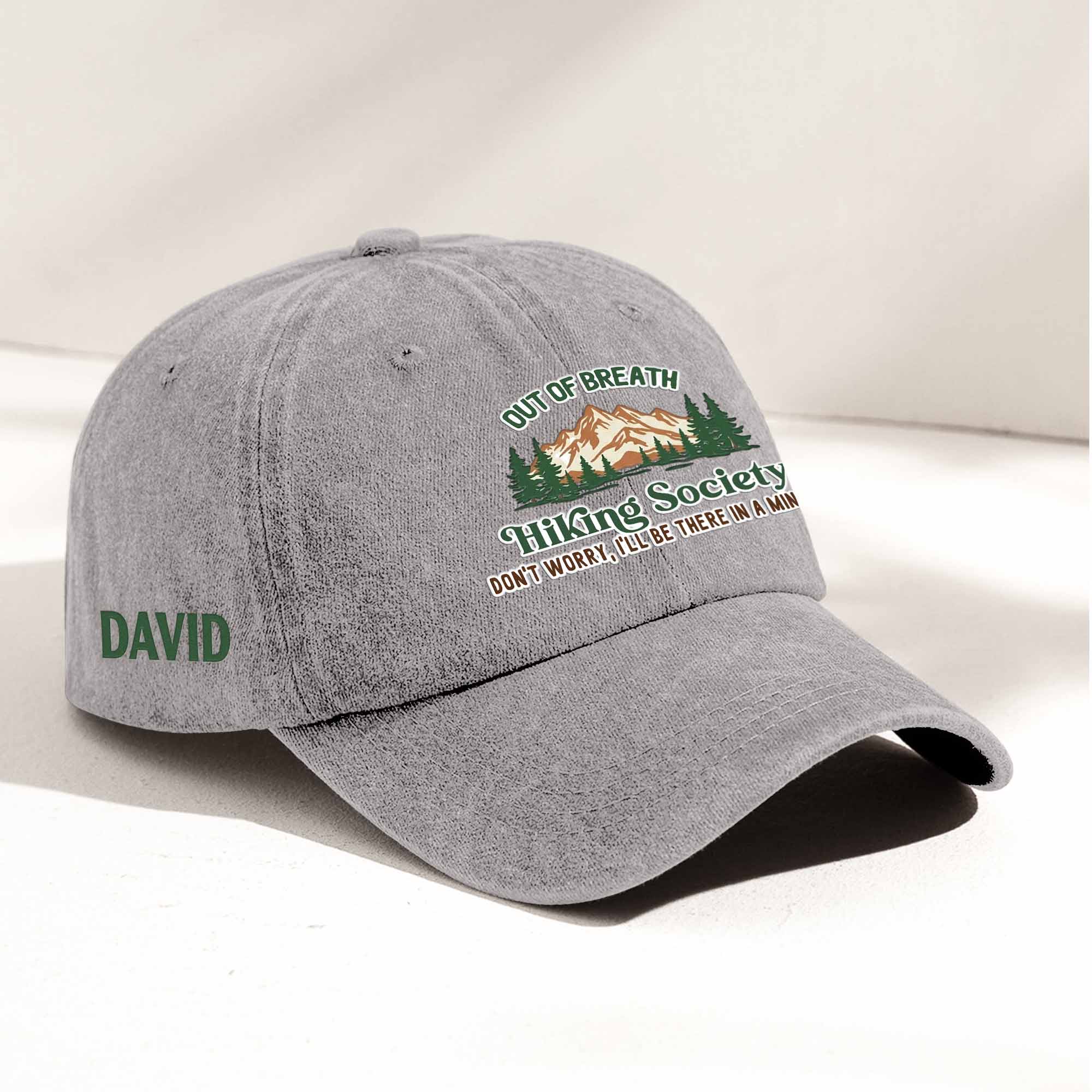 Personalized Washed Denim Baseball Cap, Out Of Breath Hiking Club Sloth, Unique Gift for Hikers - Image 3