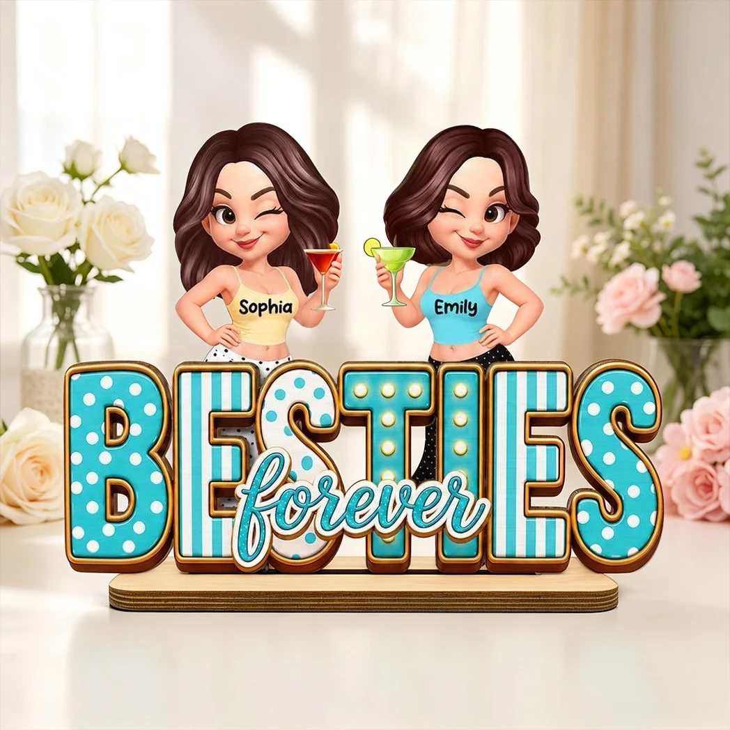 Besties Forever Wooden Plaque with Girls Raising Drinks, Creative Gift for Sister or Friend