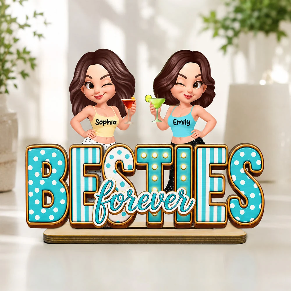 Besties Forever Wooden Plaque with Girls Raising Drinks, Creative Gift for Sister or Friend - Image 2