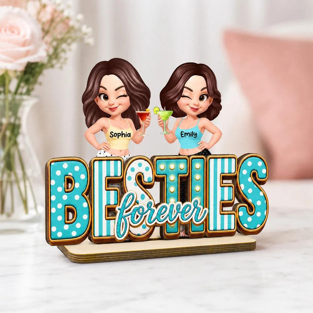 Besties Forever Wooden Plaque with Girls Raising Drinks, Creative Gift for Sister or Friend - Image 6