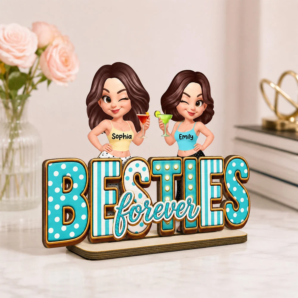 Besties Forever Wooden Plaque with Girls Raising Drinks, Creative Gift for Sister or Friend - Image 7