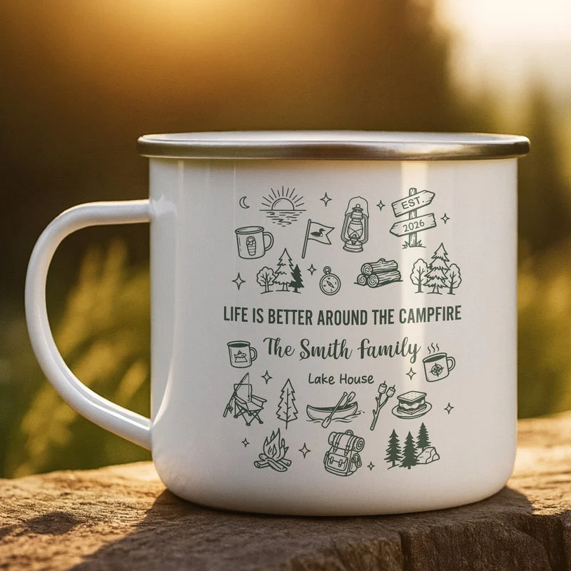 Personalized Enamel Mug, Campfire Family Lake House Line Art, Unique Creative Gift for Campers