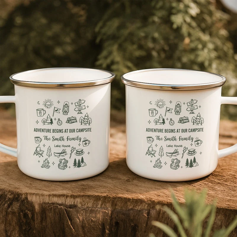 Personalized Enamel Mug, Campfire Family Lake House Line Art, Unique Creative Gift for Campers - Image 2