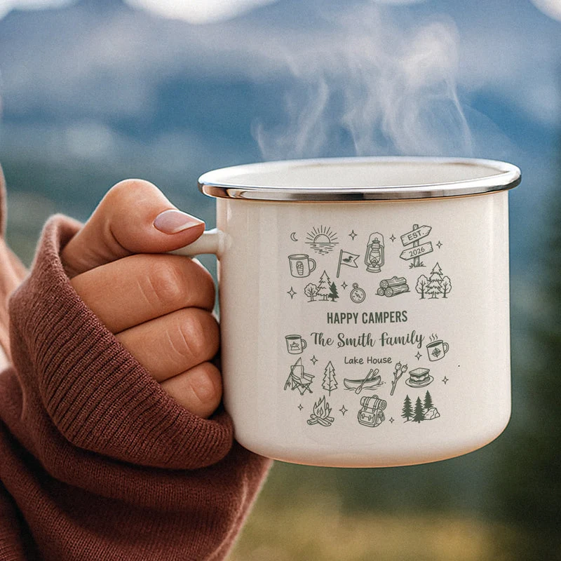Personalized Enamel Mug, Campfire Family Lake House Line Art, Unique Creative Gift for Campers - Image 3