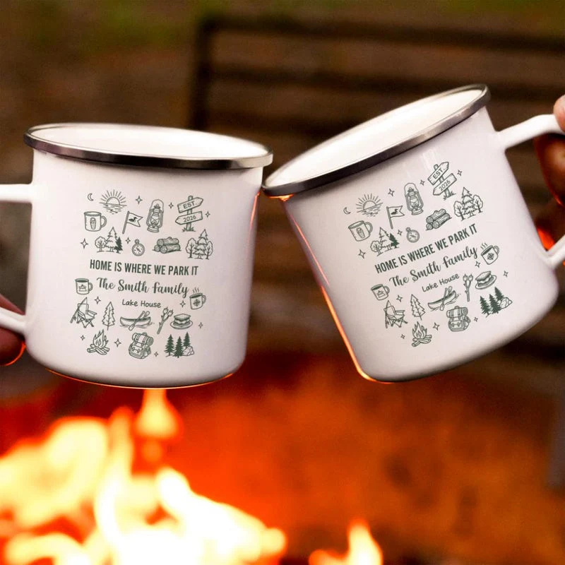 Personalized Enamel Mug, Campfire Family Lake House Line Art, Unique Creative Gift for Campers - Image 5