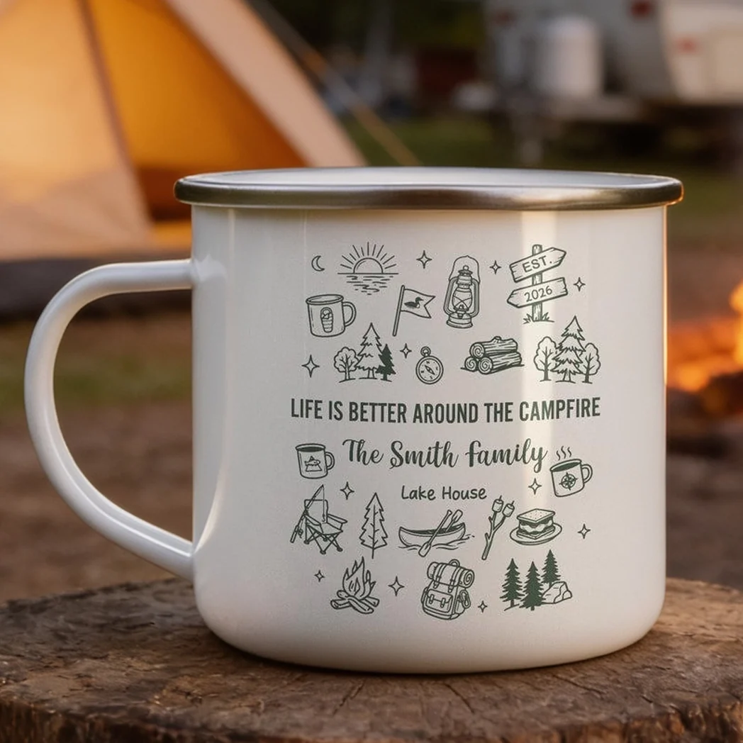 Personalized Enamel Mug, Campfire Family Lake House Line Art, Unique Creative Gift for Campers - Image 6