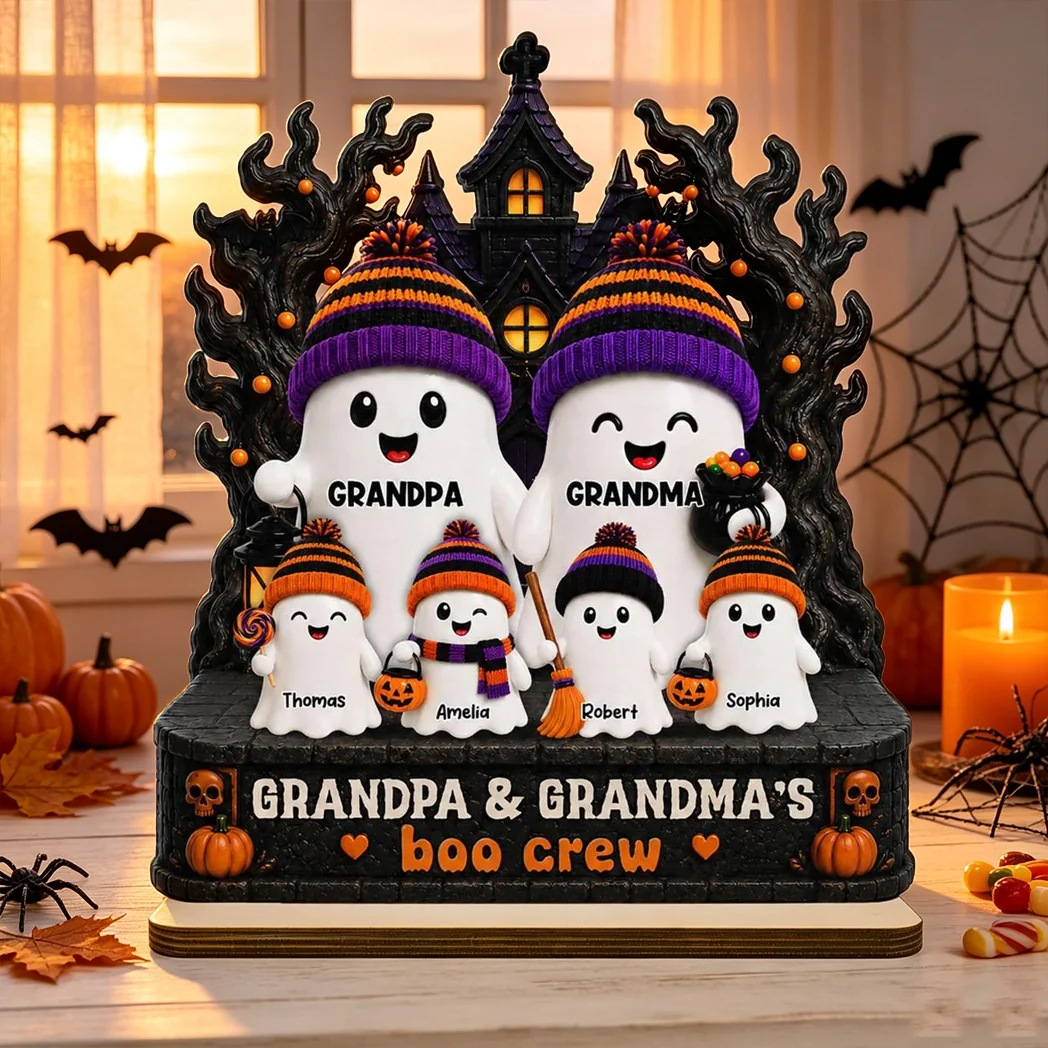 2-Layer Wooden Plaque, Grandpa & Grandma's Boo Crew Haunted House, Creative Gift for Grandparents