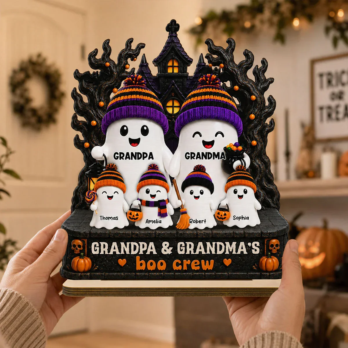 2-Layer Wooden Plaque, Grandpa & Grandma's Boo Crew Haunted House, Creative Gift for Grandparents - Image 6