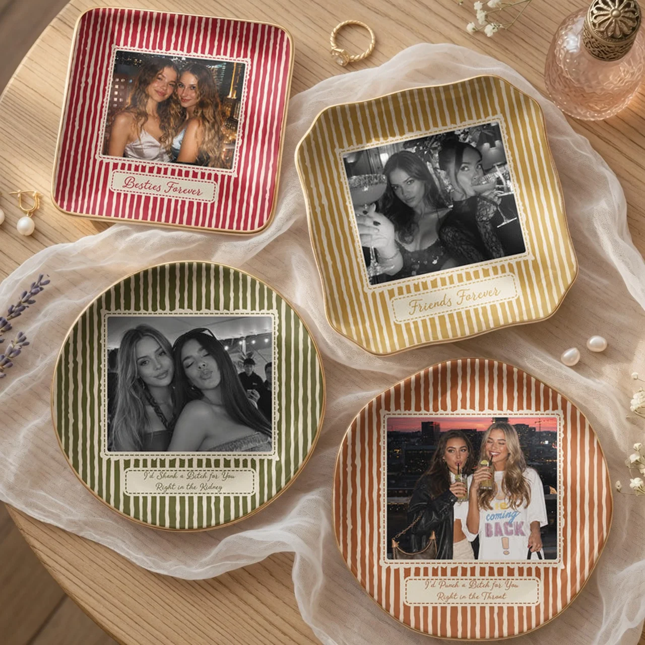 Personalized Jewelry Dish with Friend Photo, Vintage Stripes, Unique Gift for Close Friend or Sister