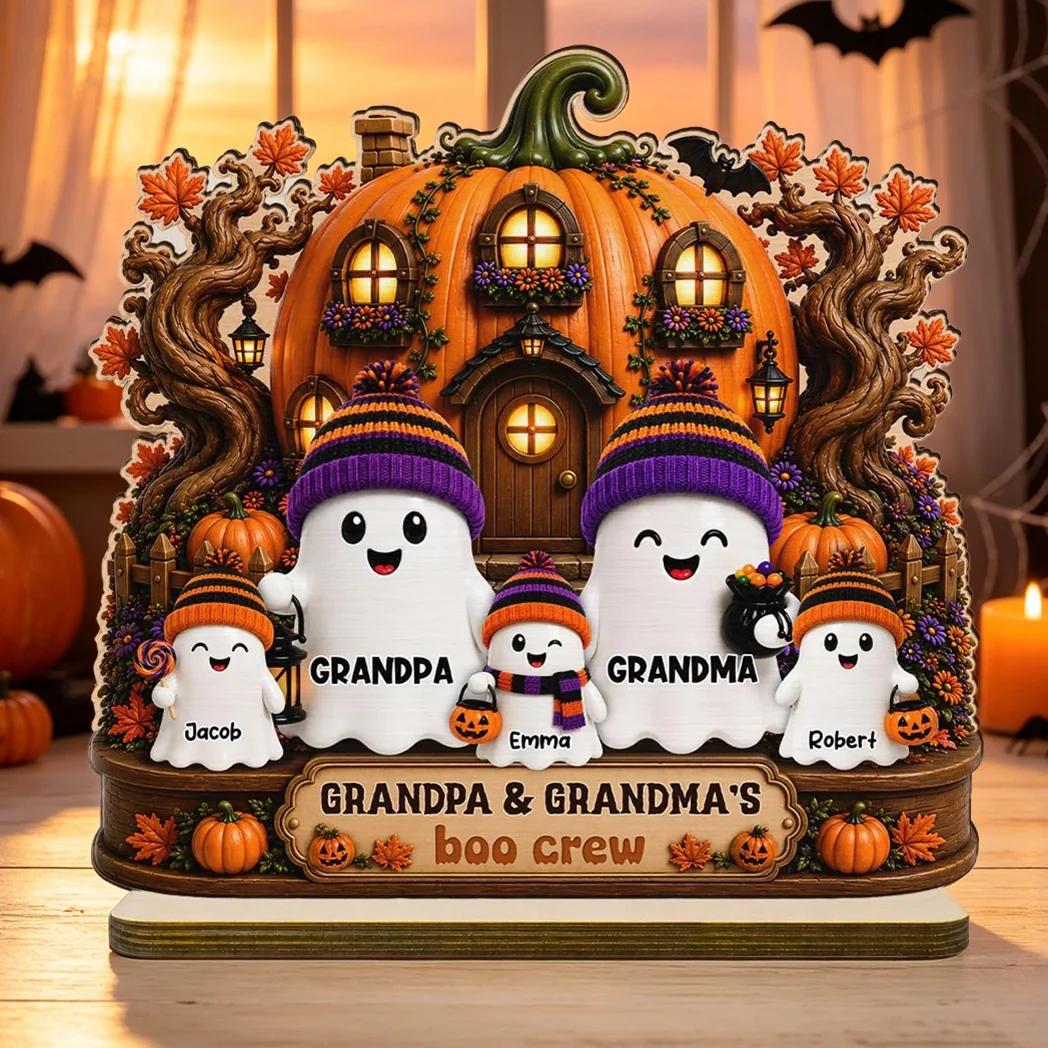 Personalized 2-Layer Wooden Plaque, Pumpkin House Ghost Family Halloween Decor, Unique Gift for Grandparents