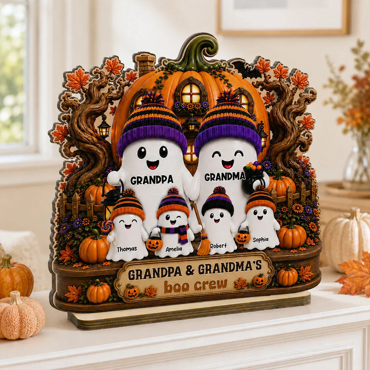 Personalized 2-Layer Wooden Plaque, Pumpkin House Ghost Family Halloween Decor, Unique Gift for Grandparents - Image 2