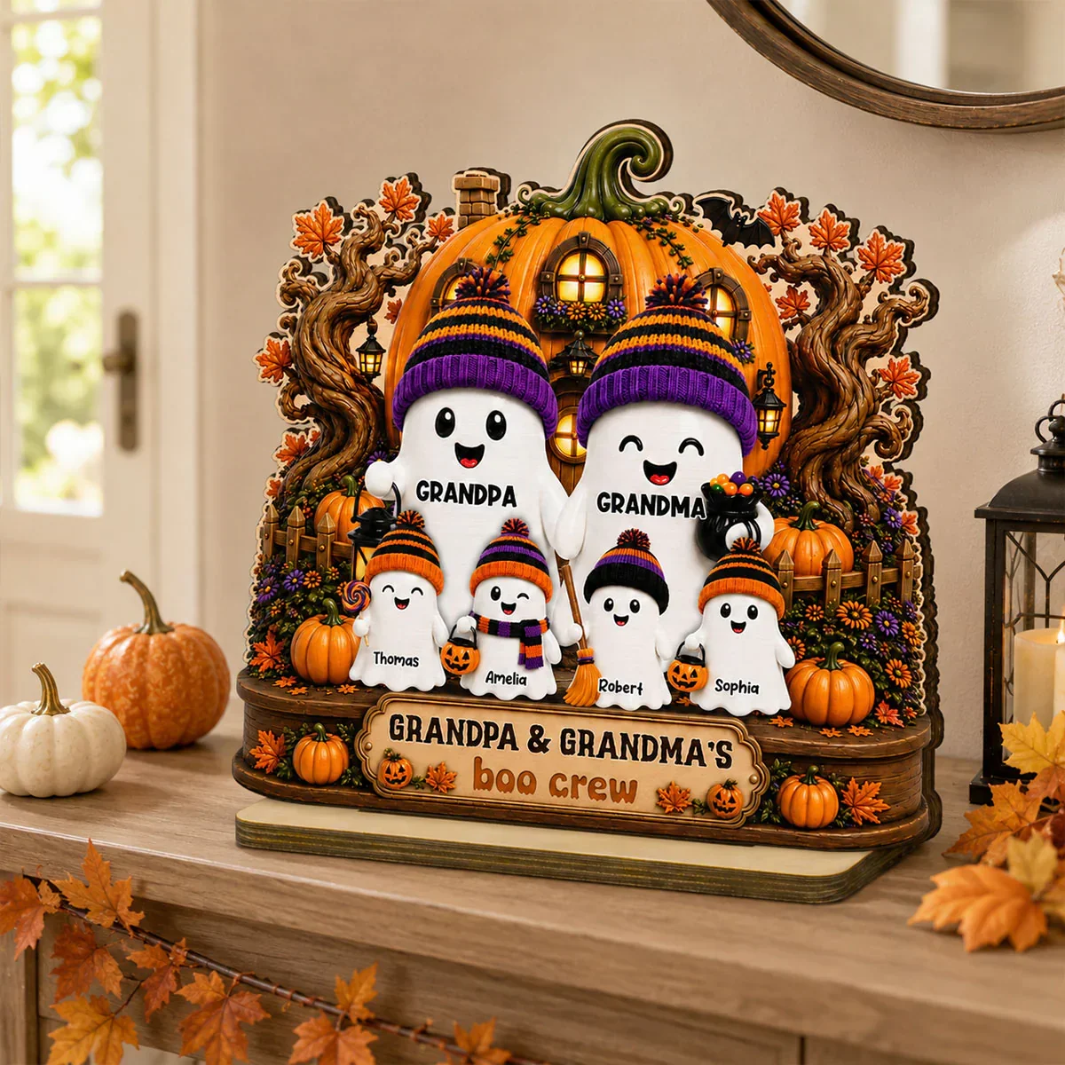 Personalized 2-Layer Wooden Plaque, Pumpkin House Ghost Family Halloween Decor, Unique Gift for Grandparents - Image 3