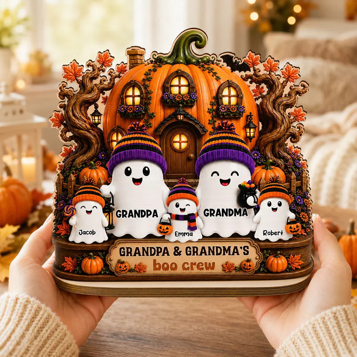 Personalized 2-Layer Wooden Plaque, Pumpkin House Ghost Family Halloween Decor, Unique Gift for Grandparents - Image 6