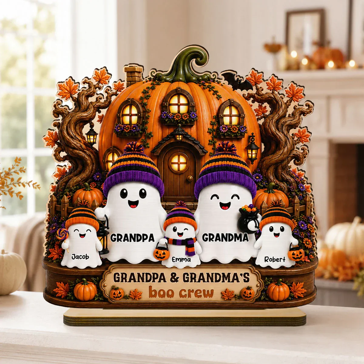 Personalized 2-Layer Wooden Plaque, Pumpkin House Ghost Family Halloween Decor, Unique Gift for Grandparents - Image 7