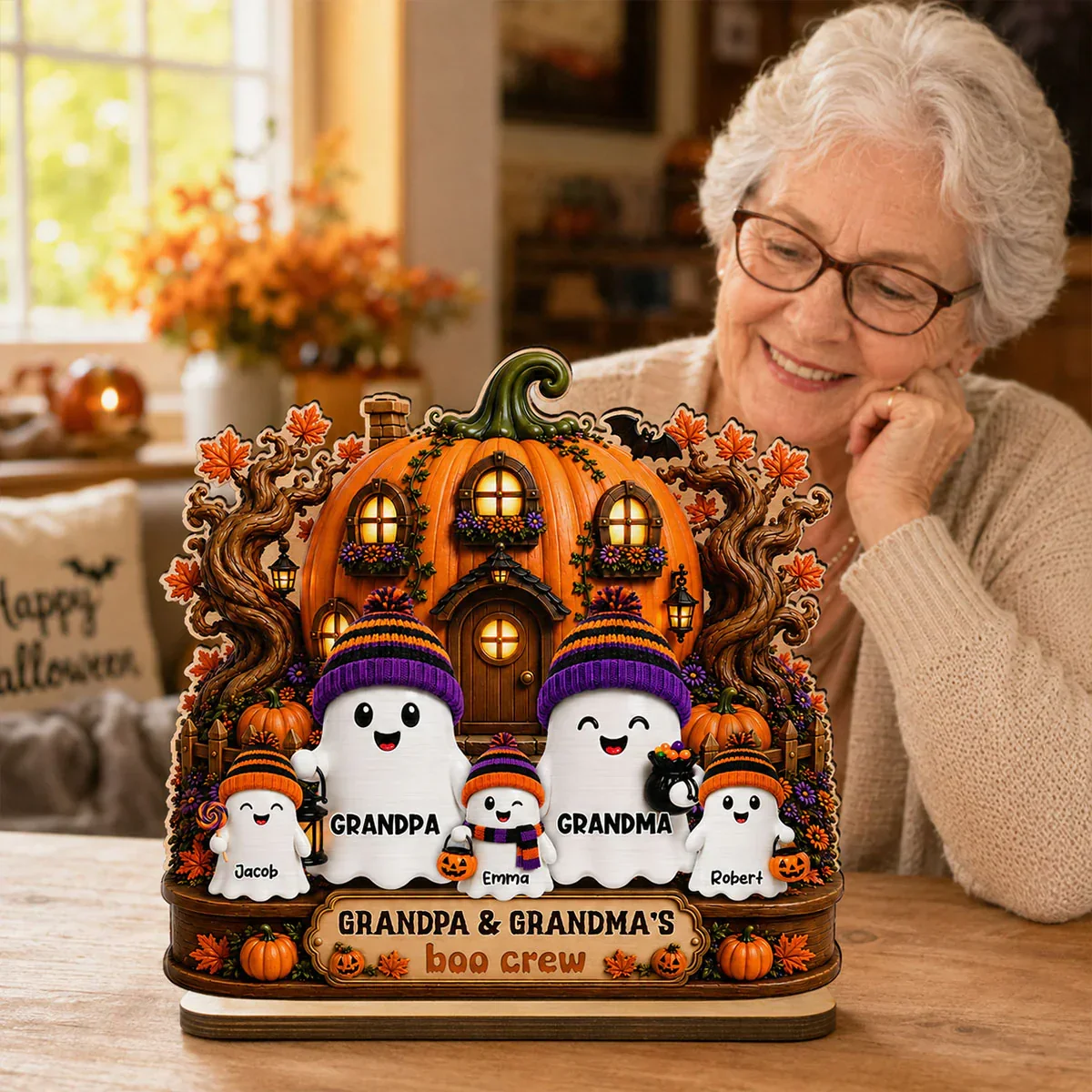 Personalized 2-Layer Wooden Plaque, Pumpkin House Ghost Family Halloween Decor, Unique Gift for Grandparents - Image 8