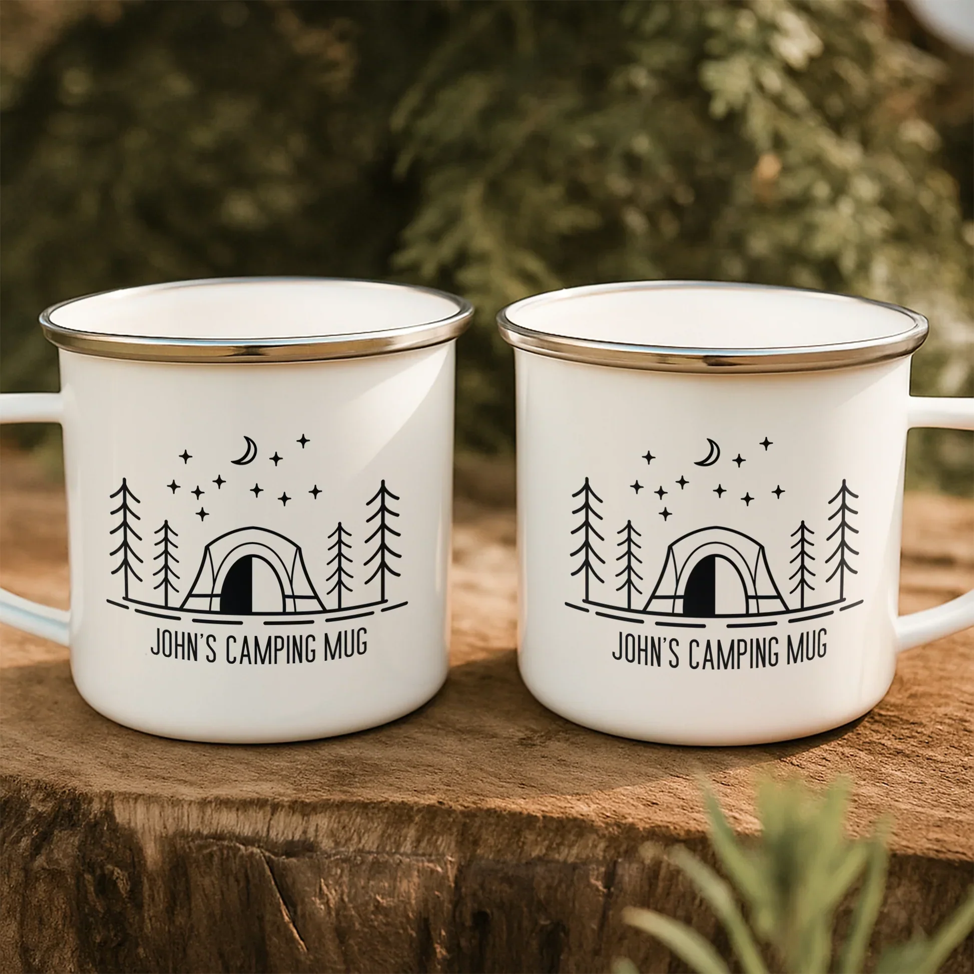 Personalized Enamel Mug, Moonlit Camping Tent & Pine Trees, Unique Gift for Camper - Image 2