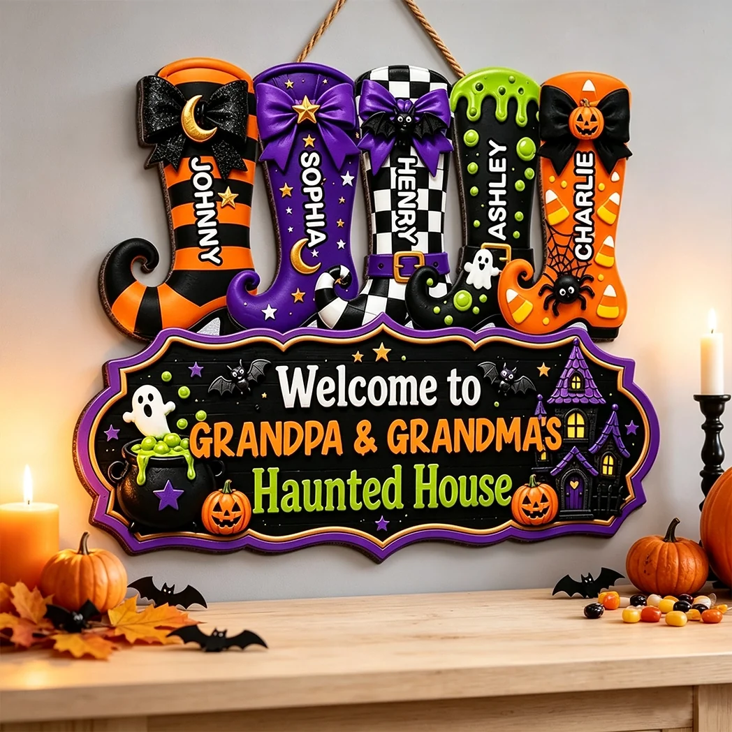 Personalized Wooden Sign With Witch Boots For Grandparents, Halloween Haunted House Creative Gift