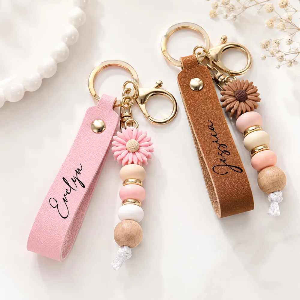 Personalized PU Leather Daisy Keychain, Pastel Beaded Style for Girls, Creative Gift for Friend - Image 2