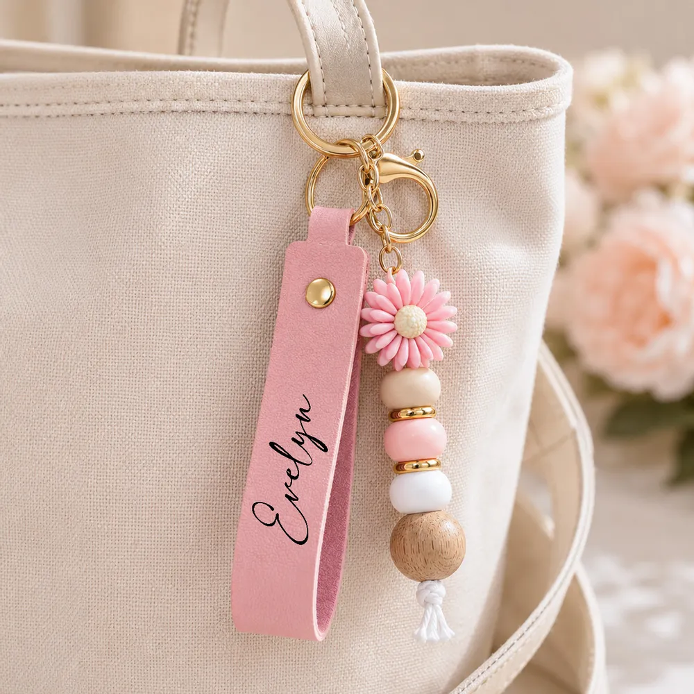 Personalized PU Leather Daisy Keychain, Pastel Beaded Style for Girls, Creative Gift for Friend - Image 3