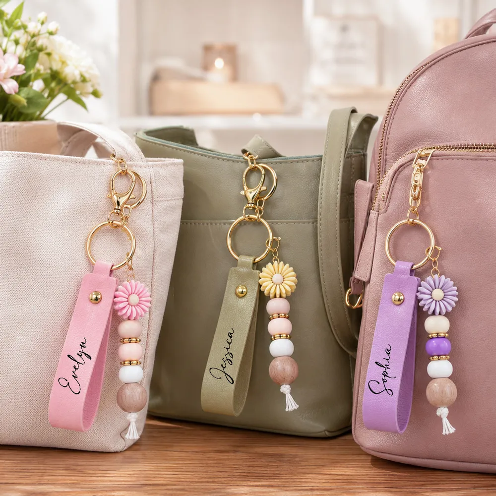 Personalized PU Leather Daisy Keychain, Pastel Beaded Style for Girls, Creative Gift for Friend - Image 6