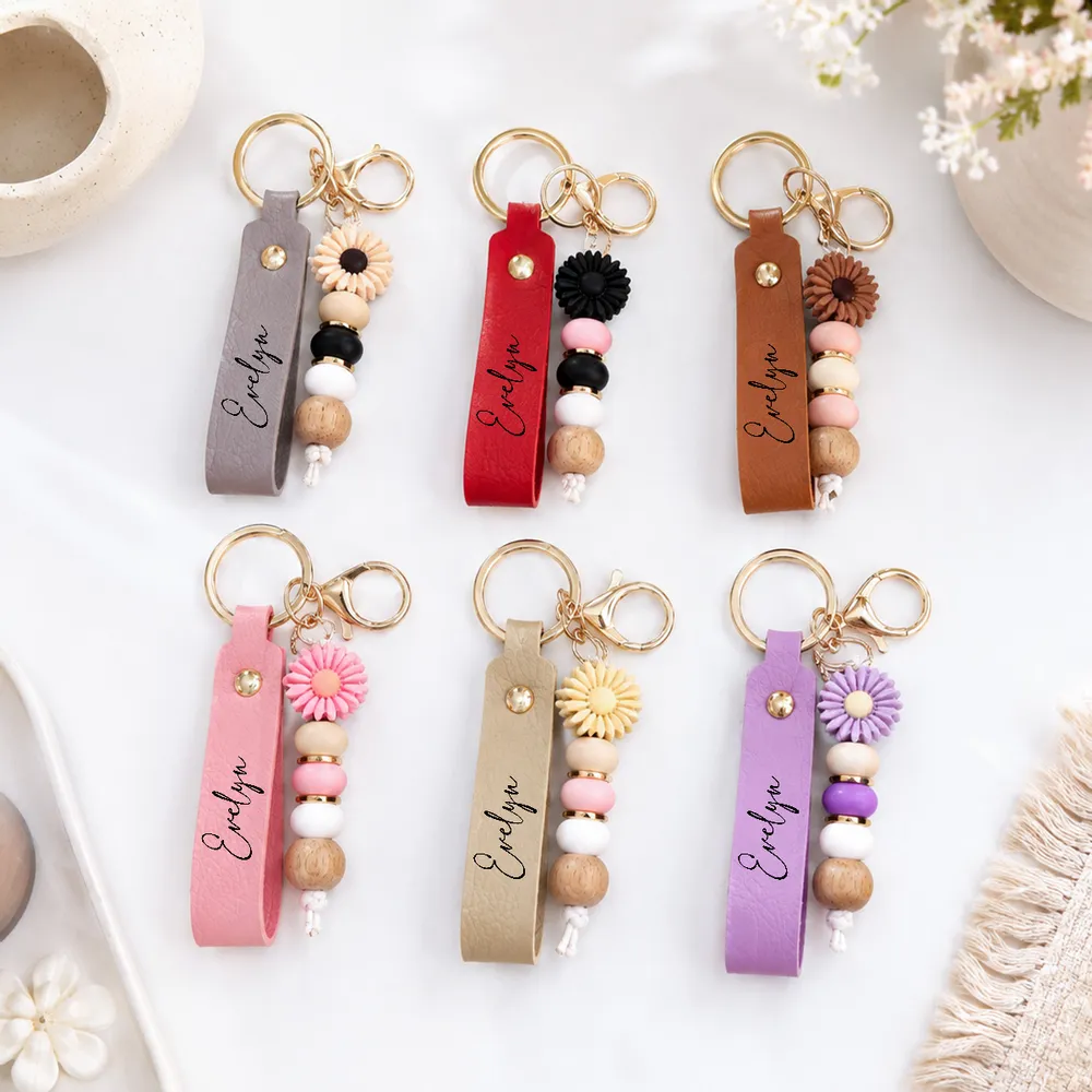 Personalized PU Leather Daisy Keychain, Pastel Beaded Style for Girls, Creative Gift for Friend - Image 7