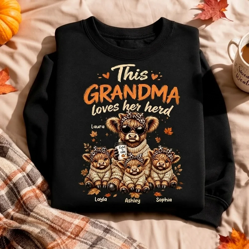 Personalized Grandma Classic Tee, Highland Cow Herd Design, Fall Leaves, Unique Gift for Grandma