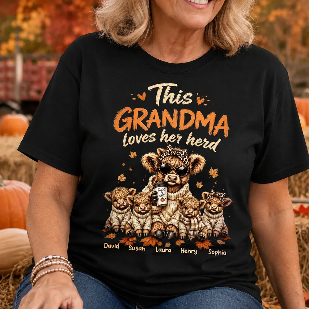 Personalized Grandma Classic Tee, Highland Cow Herd Design, Fall Leaves, Unique Gift for Grandma - Image 2