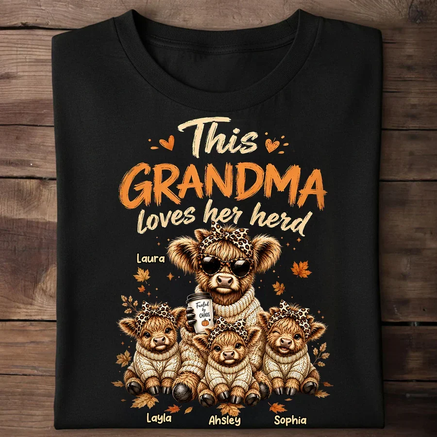 Personalized Grandma Classic Tee, Highland Cow Herd Design, Fall Leaves, Unique Gift for Grandma - Image 3