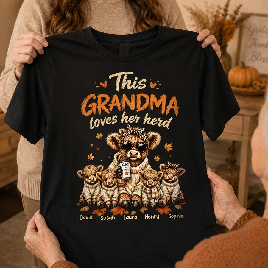 Personalized Grandma Classic Tee, Highland Cow Herd Design, Fall Leaves, Unique Gift for Grandma - Image 4