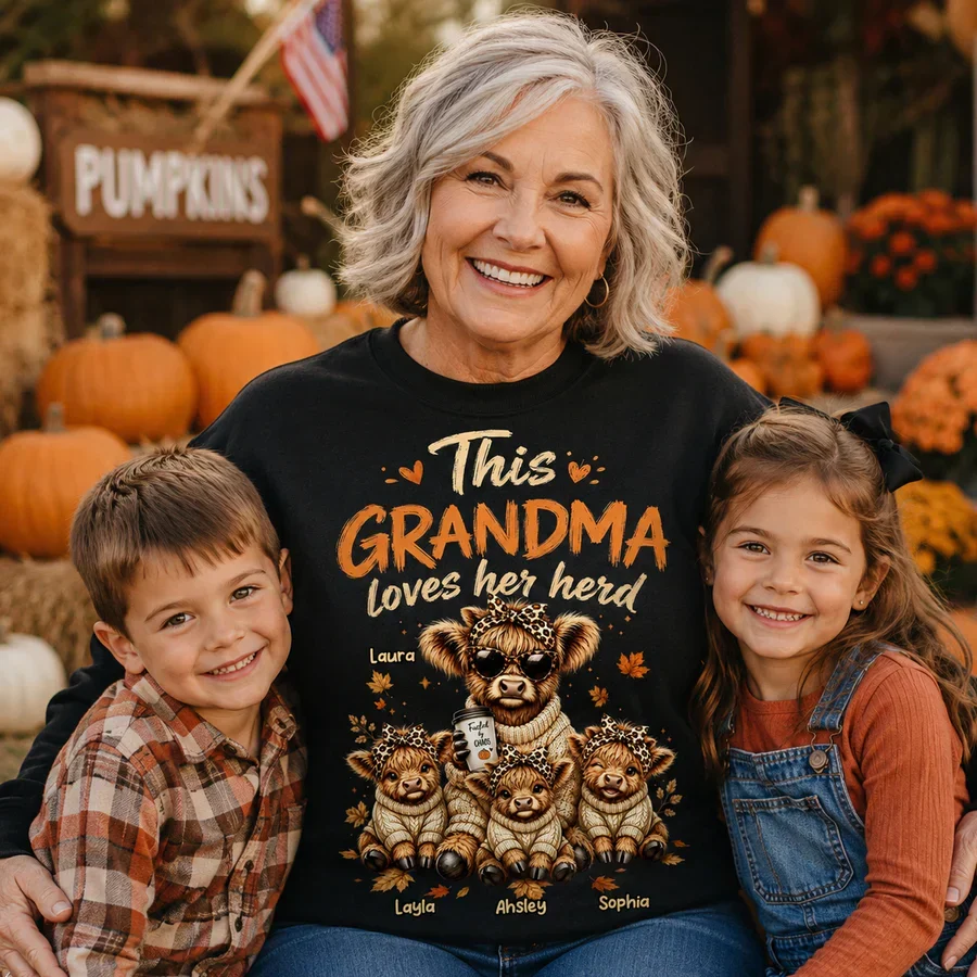 Personalized Grandma Classic Tee, Highland Cow Herd Design, Fall Leaves, Unique Gift for Grandma - Image 5