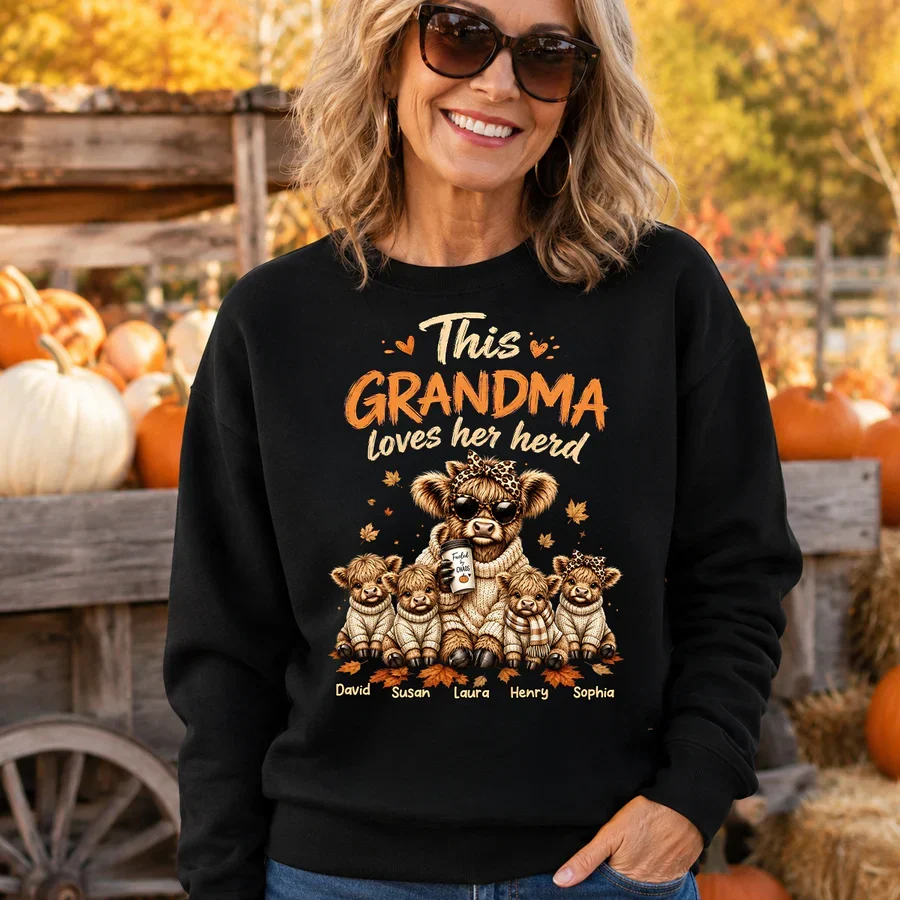 Personalized Grandma Classic Tee, Highland Cow Herd Design, Fall Leaves, Unique Gift for Grandma - Image 6
