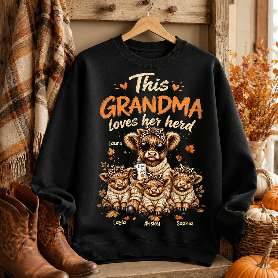 Personalized Grandma Classic Tee, Highland Cow Herd Design, Fall Leaves, Unique Gift for Grandma - Image 7