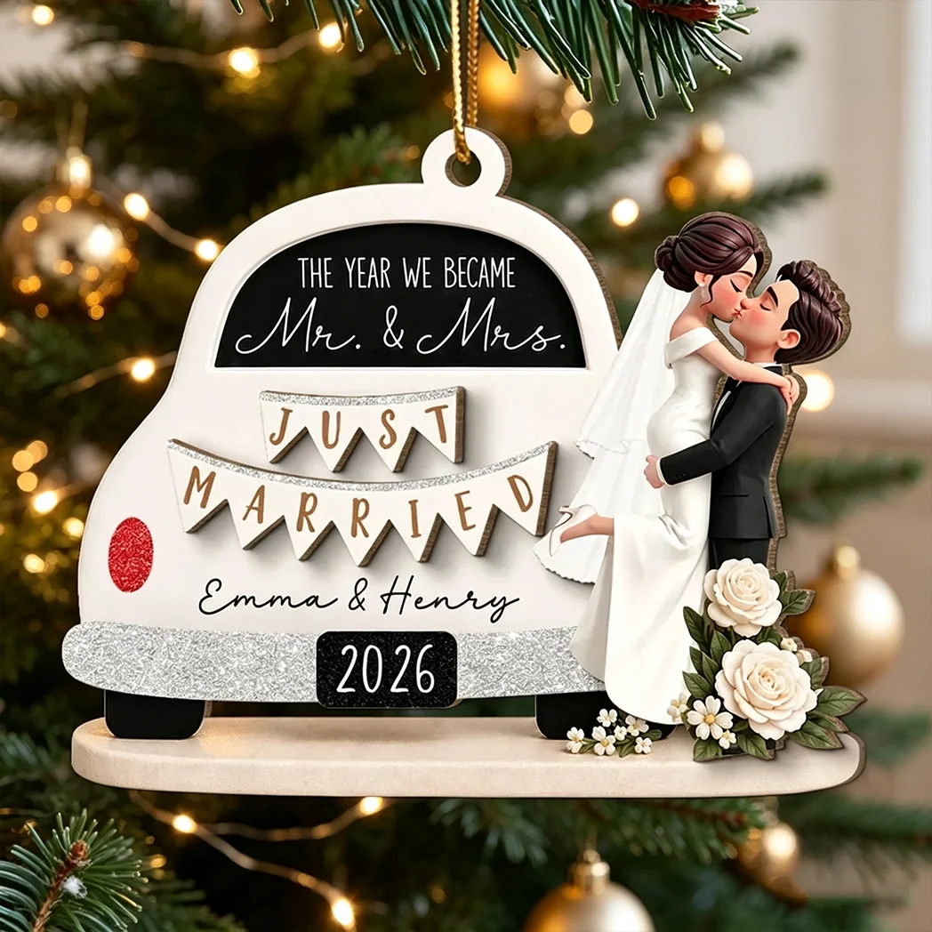 Personalized 2-Layer Wooden Ornament, Kissing Bride & Groom Creative Wedding Gift for Couple