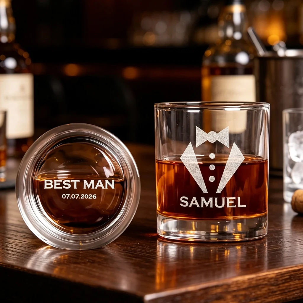 Personalized Double Sided Whiskey Glass, Tuxedo Design, Unique Wedding Gift for Groomsman